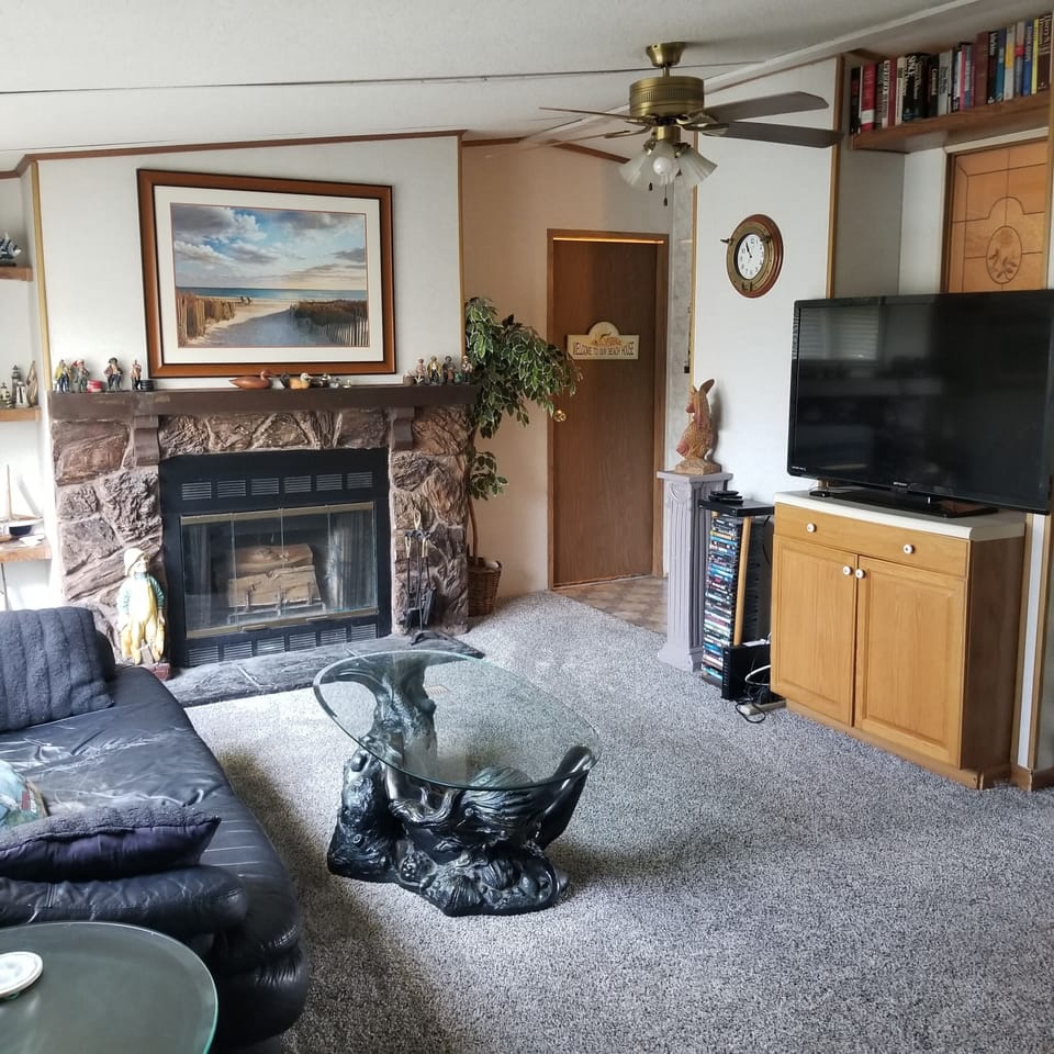 beach house has 3-bedrooms, 2-full baths + outdoor shower.  this is living room.