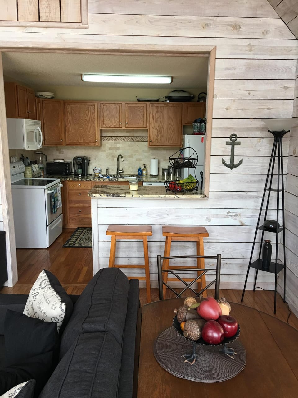 Drop-leaf table in great room seats 4 for quick breakfast or snack & bar seats 2