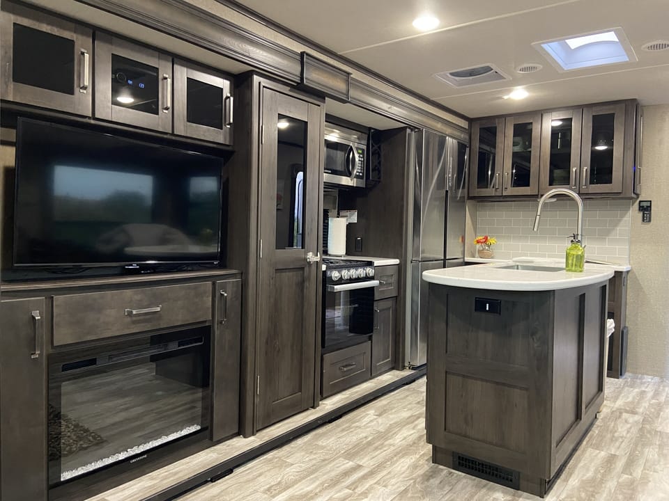 kitchen and living room 