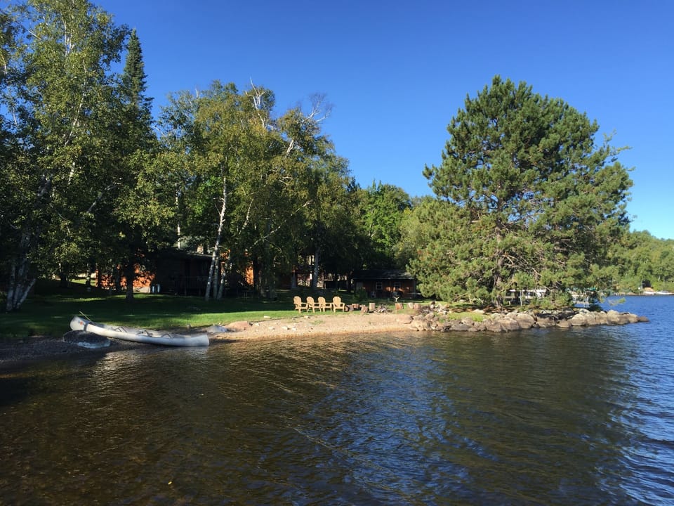 Beach, Cabin 1 (to Left) and Cabin 1 Firepit