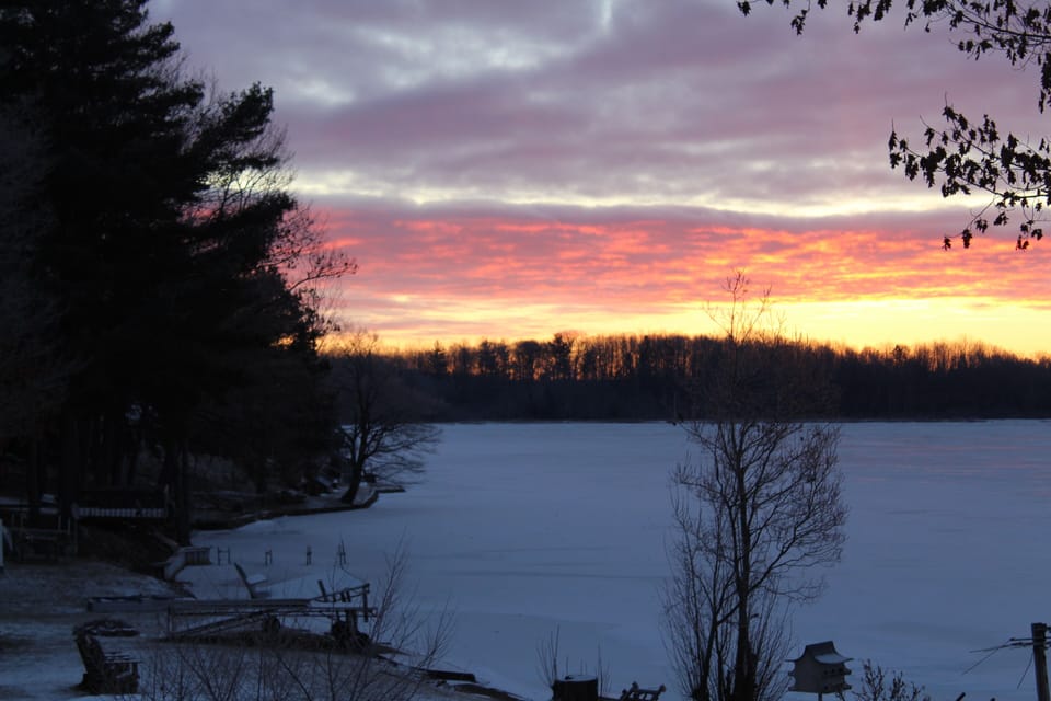 View from the deck in the winter at sunrise.