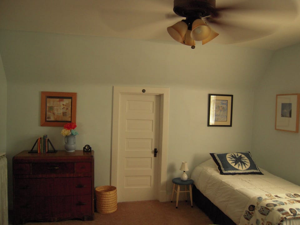 Large walk in closet in the bedroom to hang clothes and store suitcases.