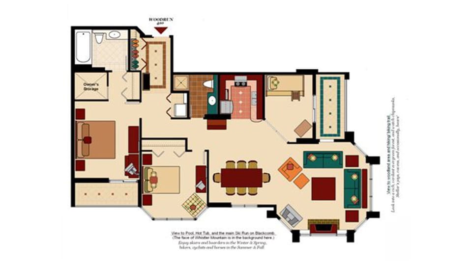 Actual furnishing layout - master BR, BR2, dining/living rooms view slope/pool