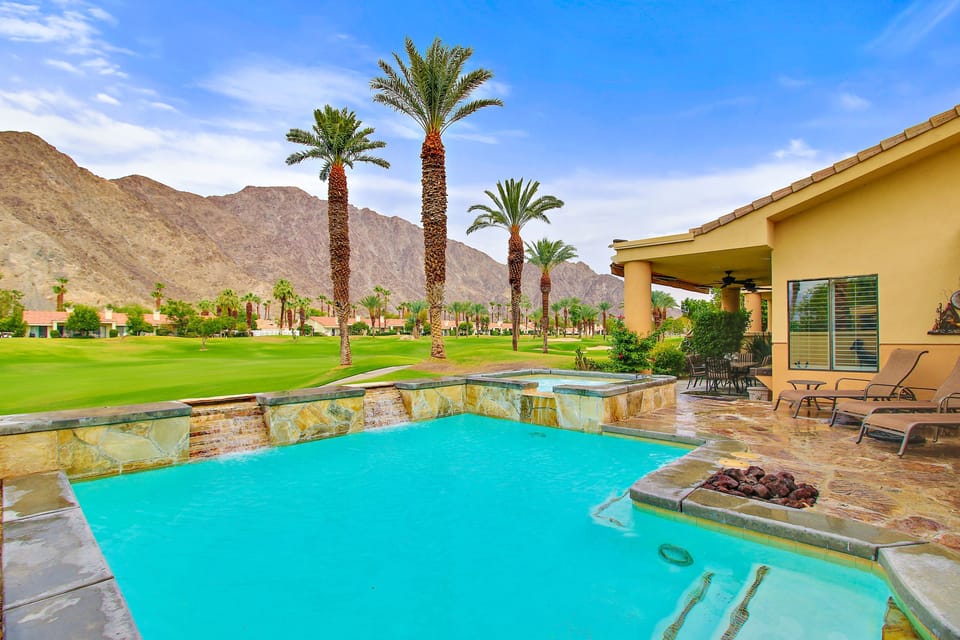 Pool and Spa overlooking golf course and the beautiful night-lit mountains.