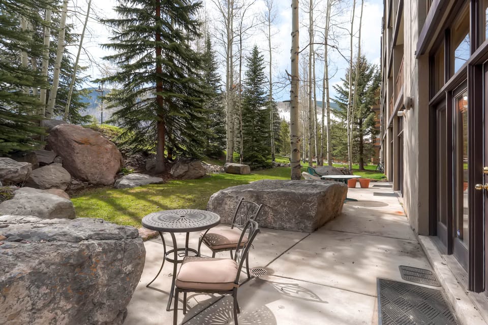Private patio views to mountain and Gore Creek and Range