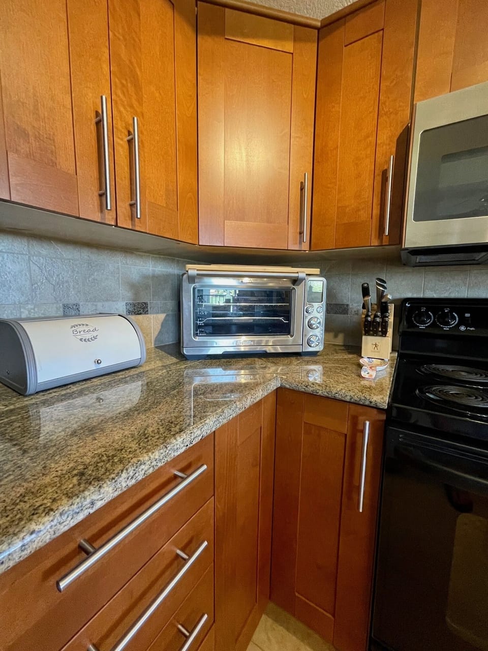 Our sunny and well stocked kitchen.  Now including a Breville Air Fryer/Oven.