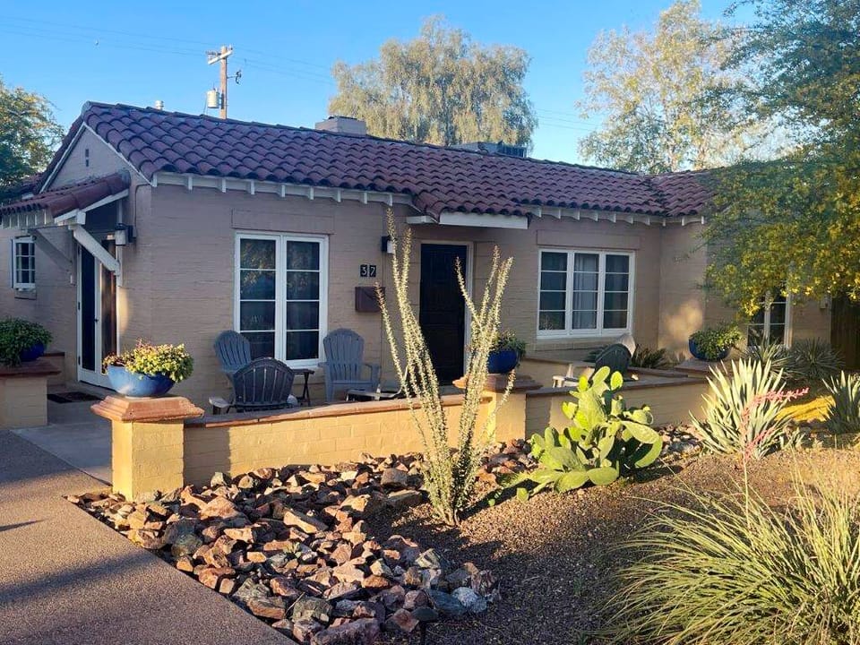 Quaint front patio and front entrance into our newly renovated home.