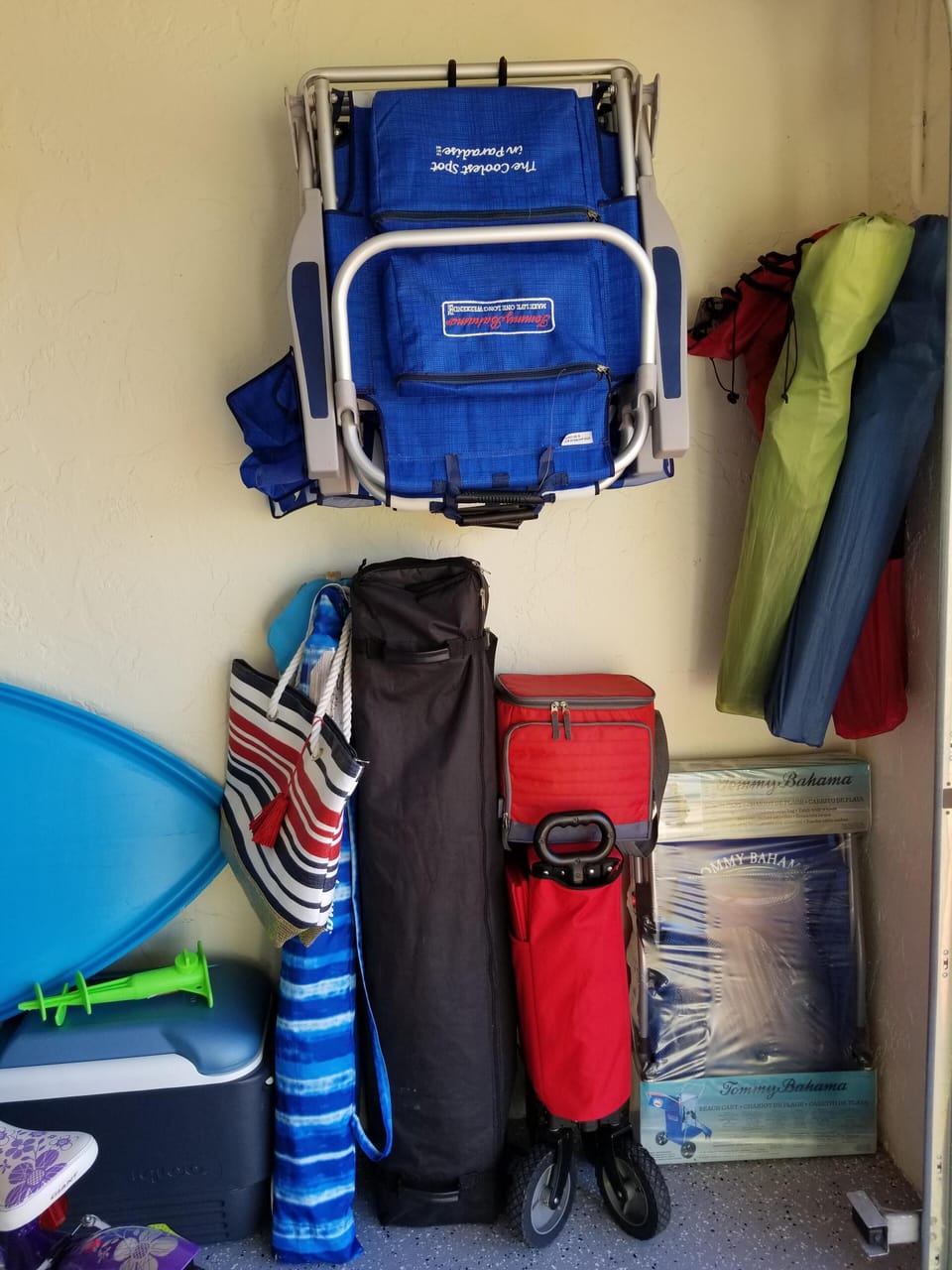 Beach chairs, tent, cooler and cart, etc