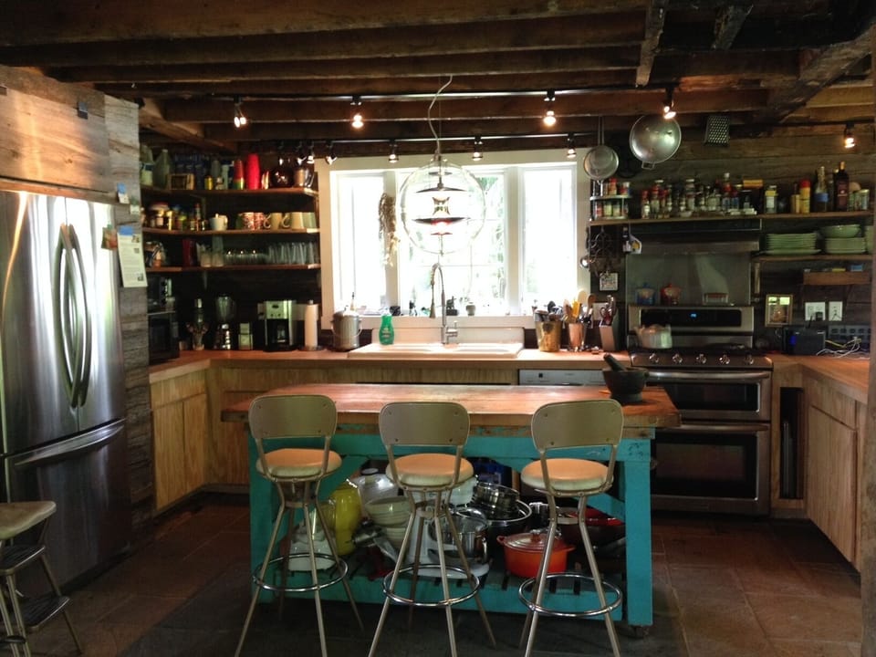Fully stocked kitchen work space.