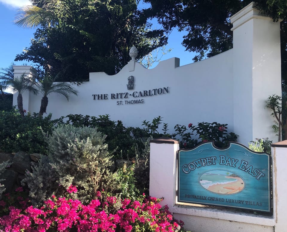 Welcome to Cowpet Bay East and the Ritz -Carlton, make a right at this sign
