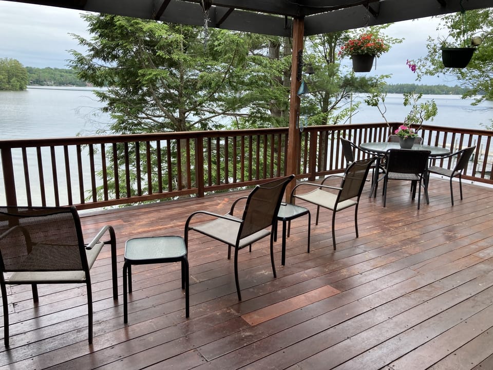 Deck with view of blueberry island