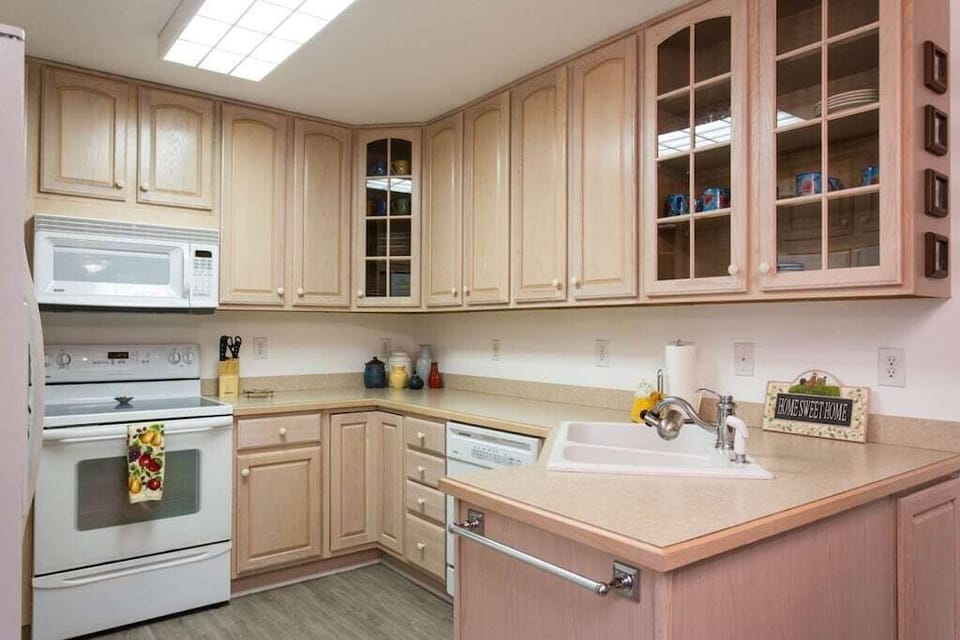 Above the smooth-top electric range is a microwave and there is also a dishwasher.