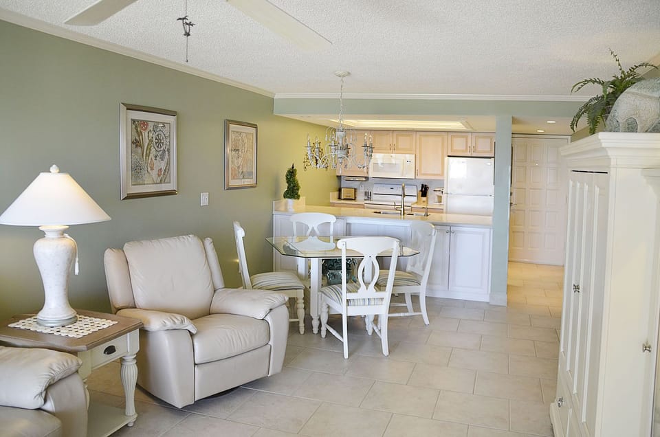View from living room into dinning area and kitchen.

