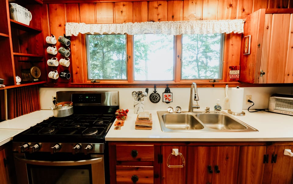 Windows in the kitchen face the lake.