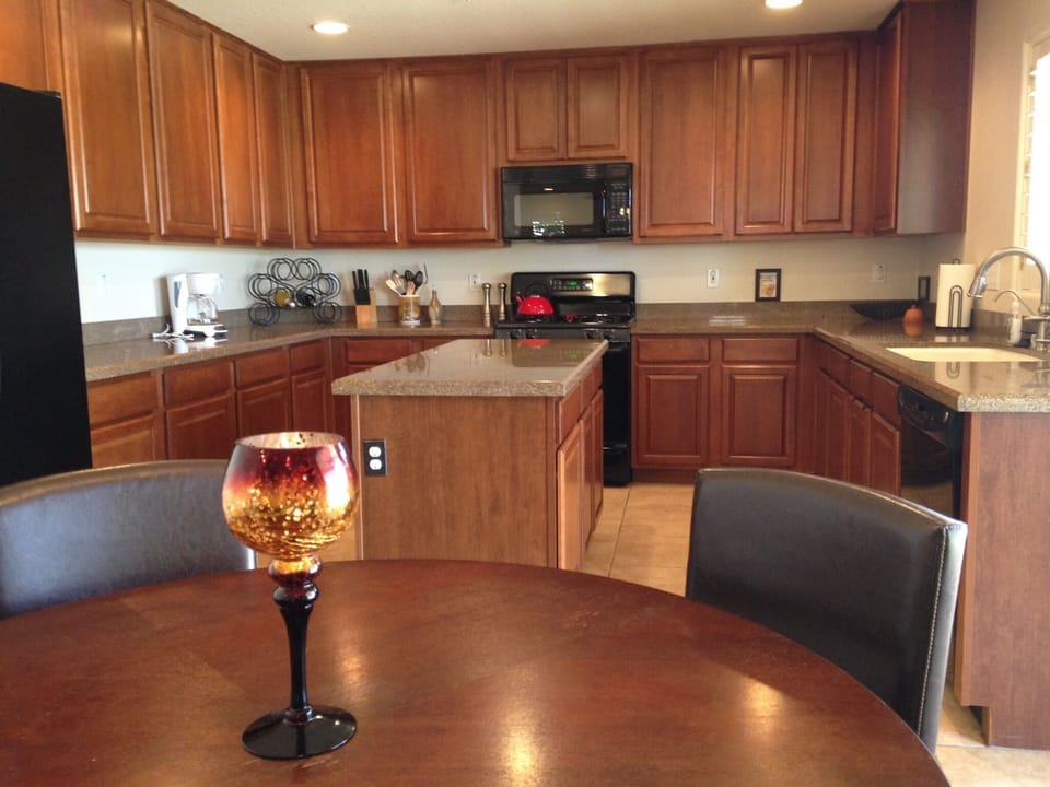 The spacious kitchen offers plenty of counterspace for meal preparation.