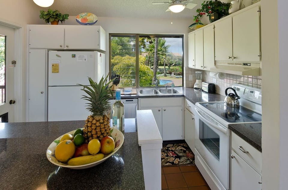 Kitchen - looking onto flowers, trees, ocean, Kahoolawe island - door to lanai