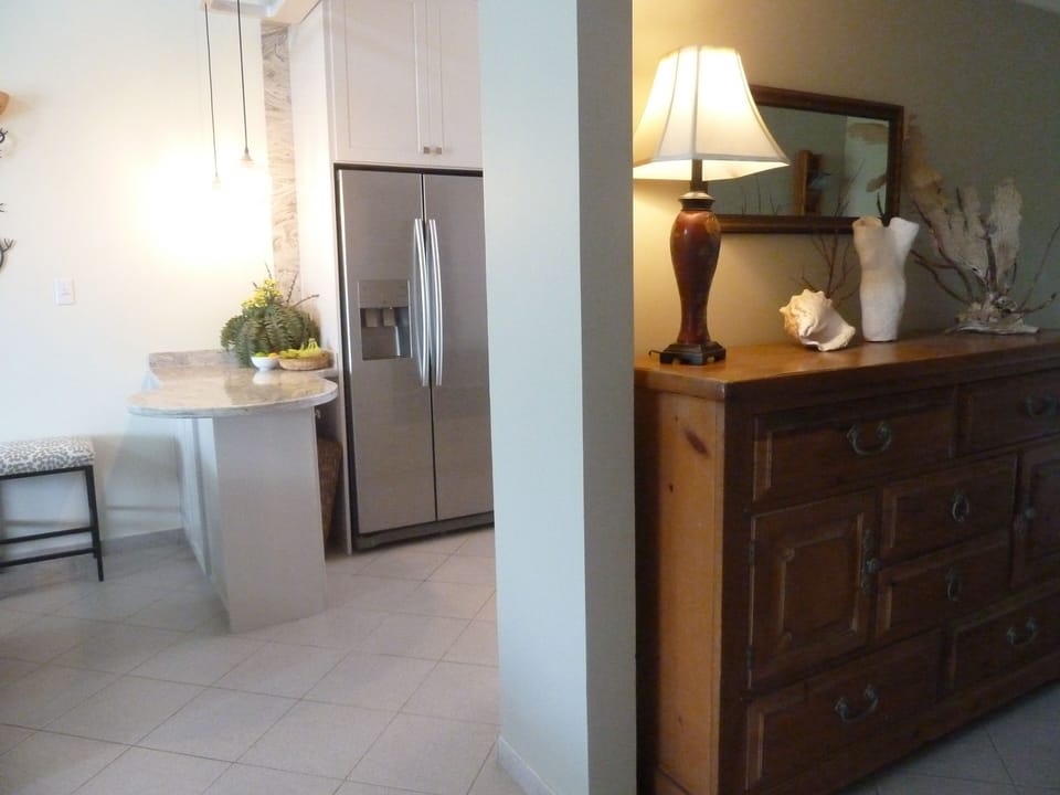 Entryway cabinet has charging station, extra light bulbs, grocery bags, etc