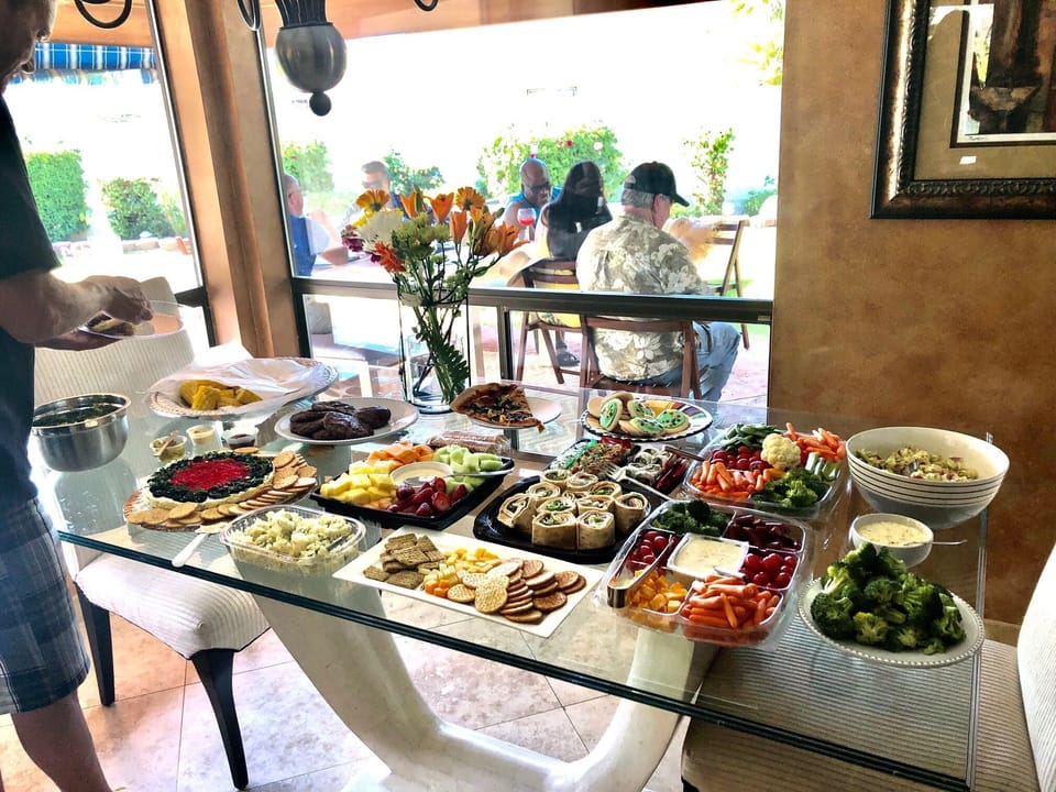 Breakfast table or Buffett table. View to outside eating area 