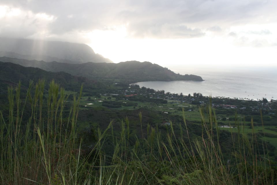 View of Hanalei Bay from up on the Okolehau Trail - trailhead is 5 minutes away