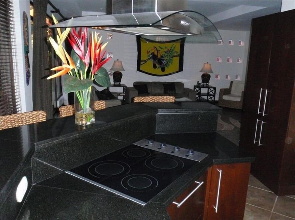 view from kitchen island to living room