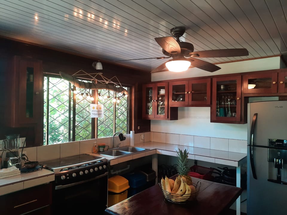 Kitchen with full fridge, oven, microwave, blender, toaster oven, coffee maker
