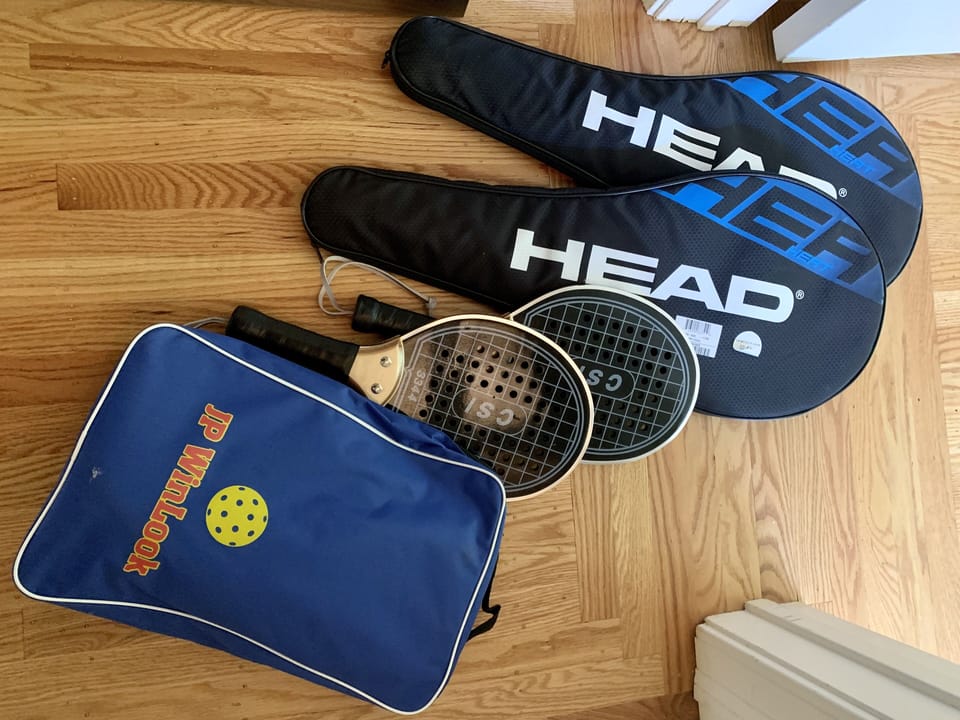 There are tennis racquets, and Pickle Ball and Bocce balls you can use nearby