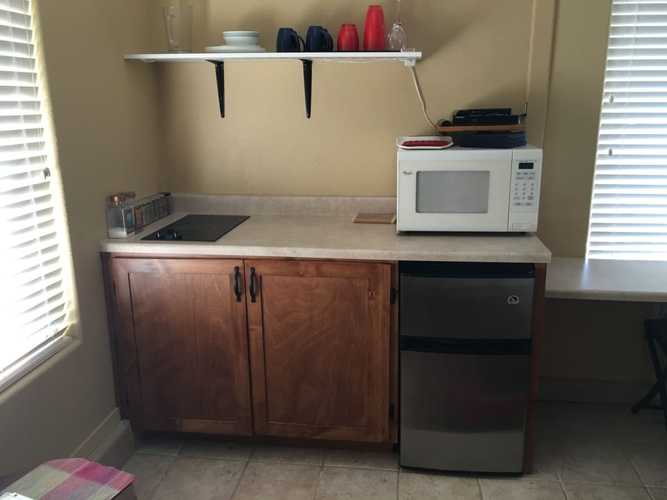 Kitchenette with 2 burner stove, microwave and refrigerator