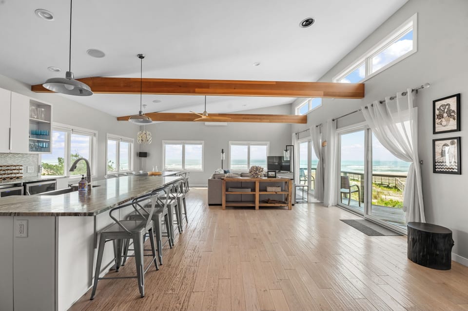 upstairs open kitchen, dining, living 