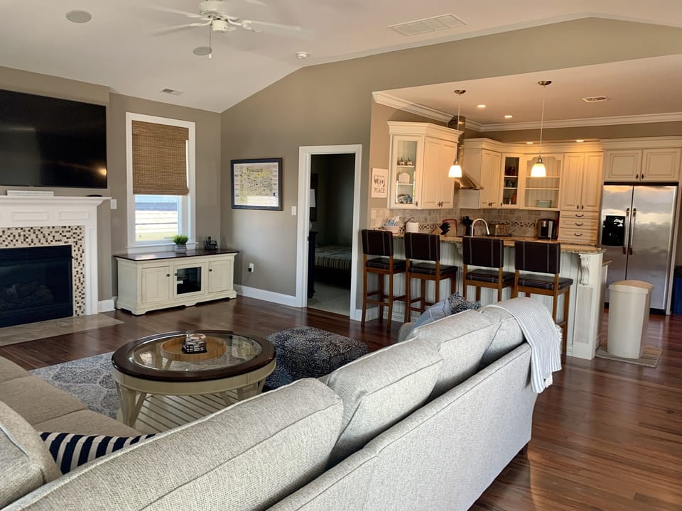 Large open floor plan with family room and kitchen.