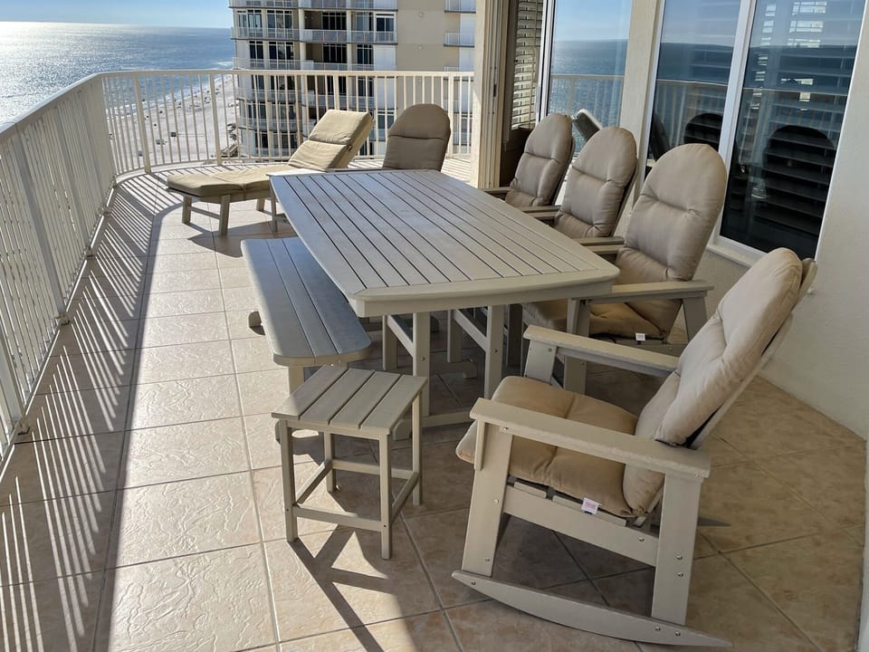 Polywood patio furniture seats 8-9 people. There is also a chaise lounge chair.