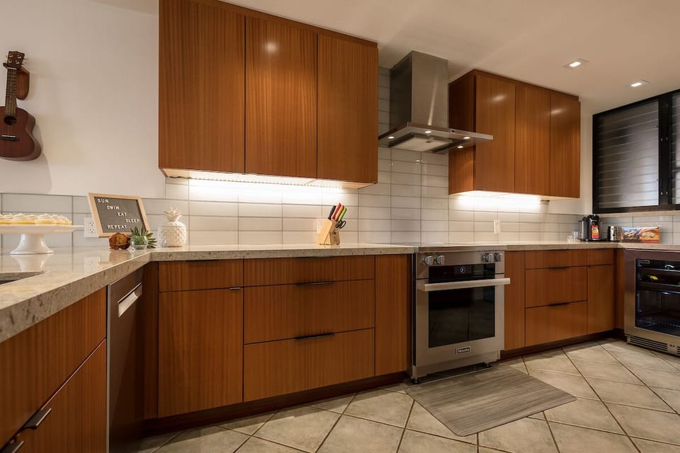 Gourmet kitchen with Miele induction range and ultra quiet Bosch dishwasher.