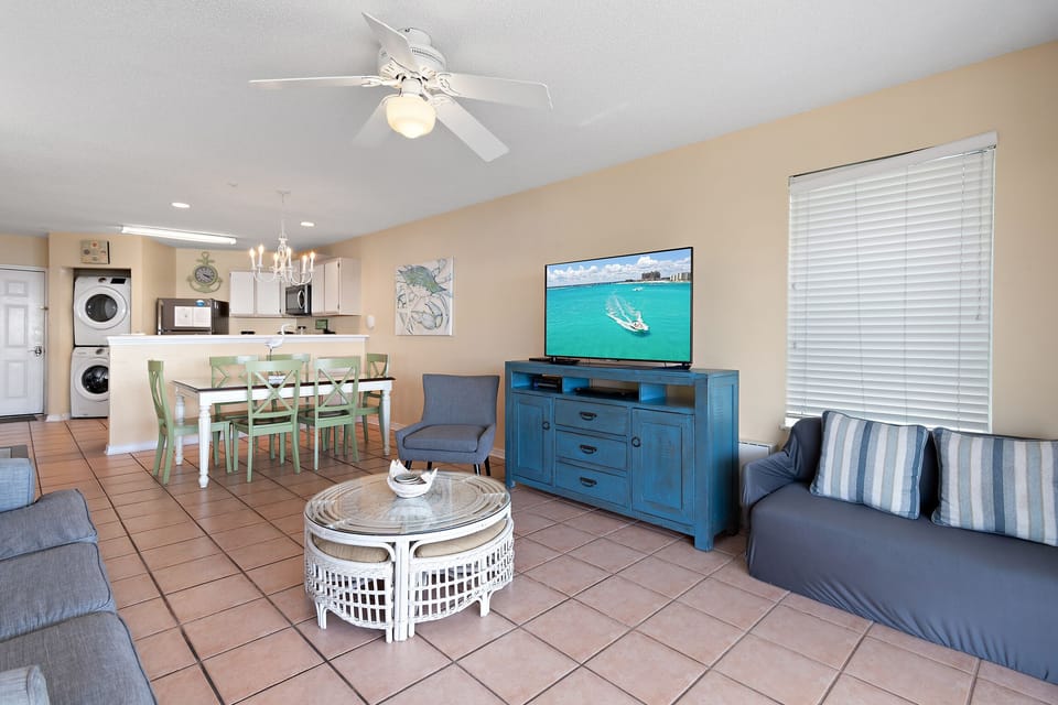An open layout with a smart TV and easy seating.