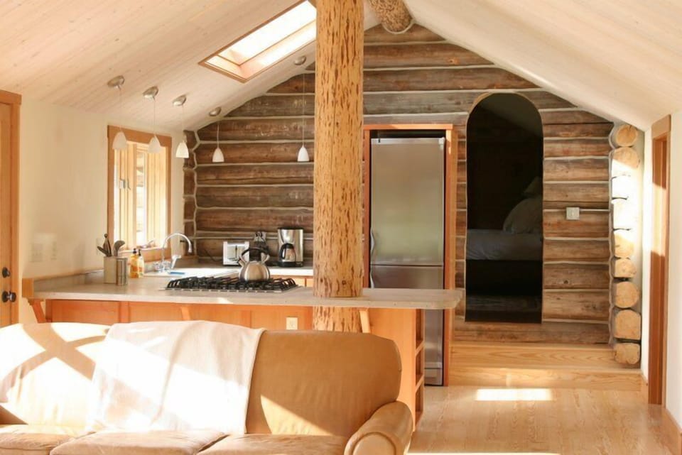 Bedroom is through the doorway.  A curtain separates the rooms.