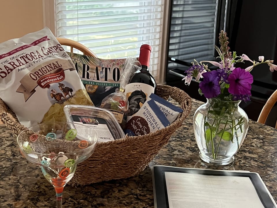 Typical welcoming basket on kitchen counter 