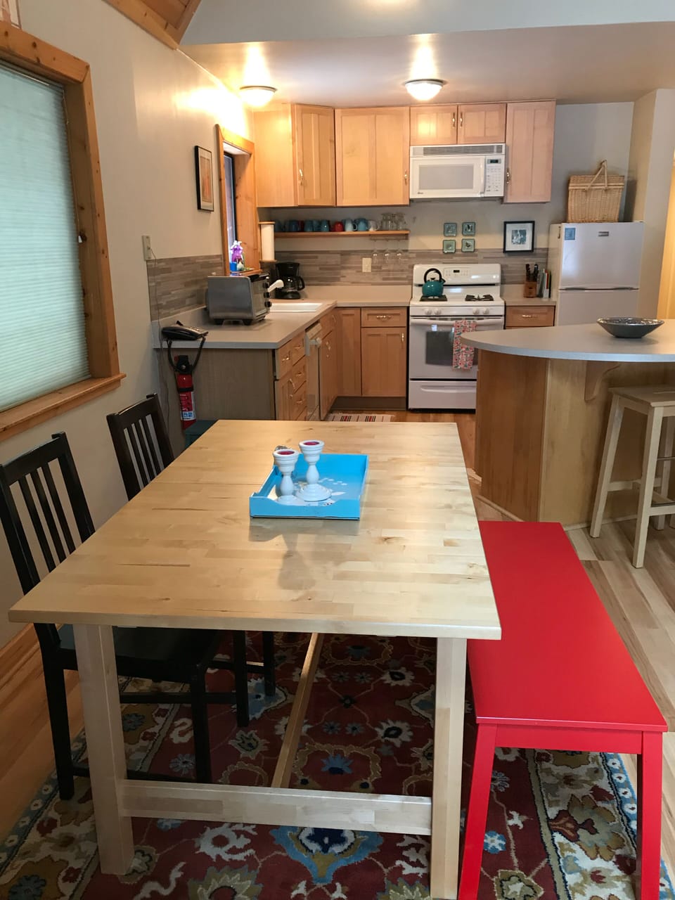 Dining room open to kitchen and living room, table with built in leaf extension 