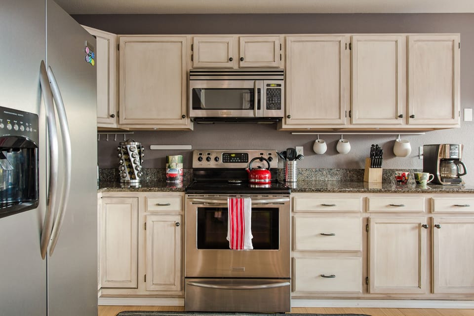 Open concept, upgraded kitchen.