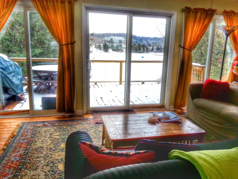 Floor to ceiling windows offer views from most rooms in the cottage