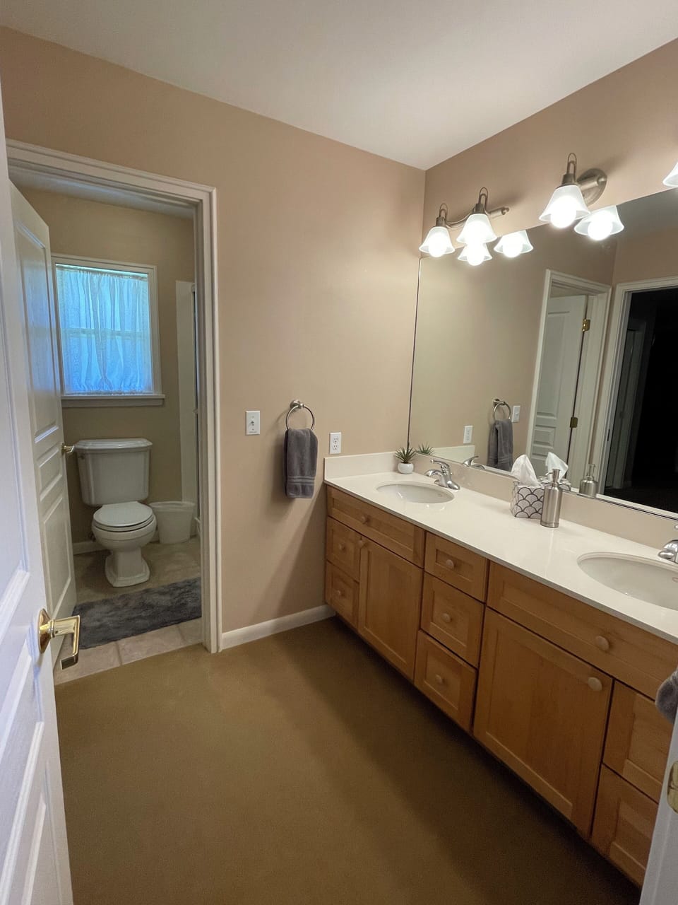 Double sink area in master bathroom.