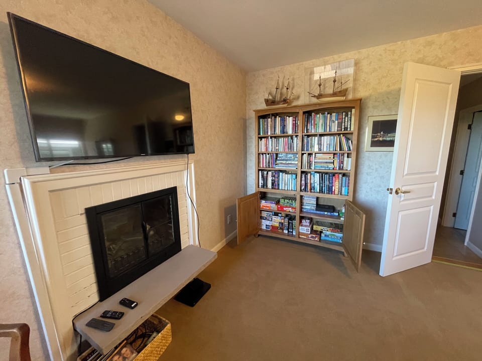 TV, books, games and puzzles in the den.