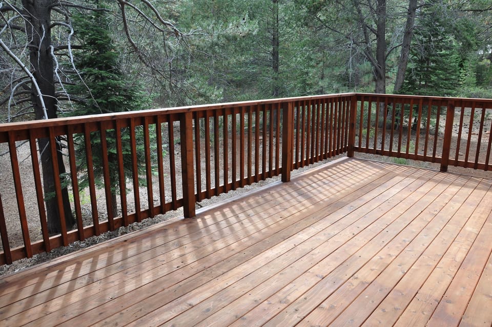 The back patio with a view of the forested backyard, ideal for stargazing