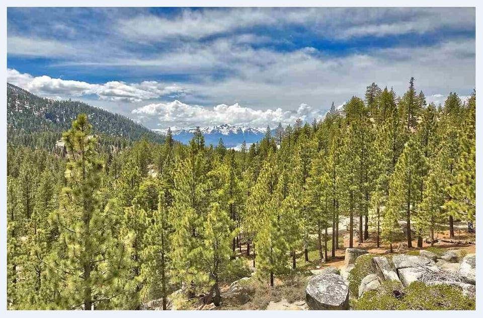 View of lake, mountains and forest from downstairs deck. 