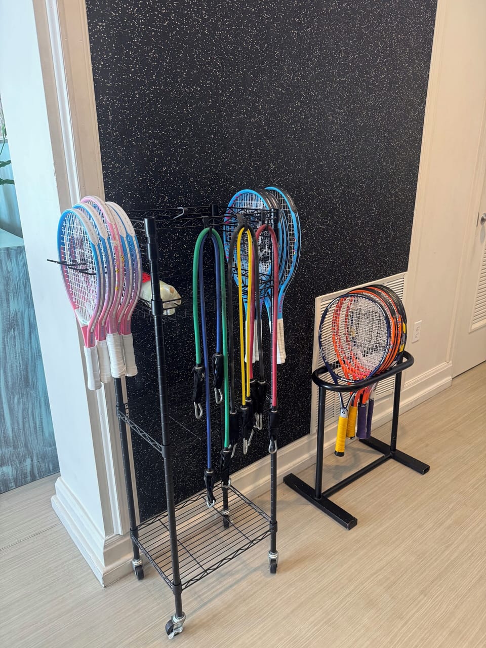 Tennis racquets and Pickleball paddles available for use