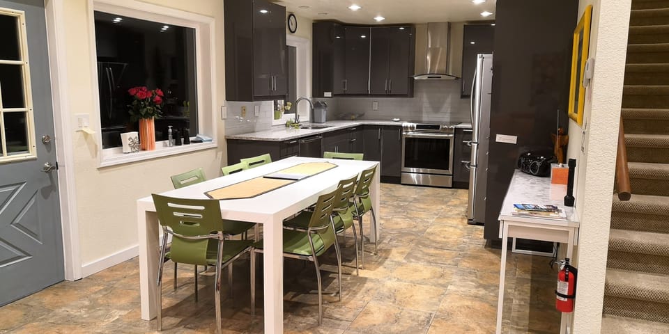 Expandable table set up for 8 persons.
