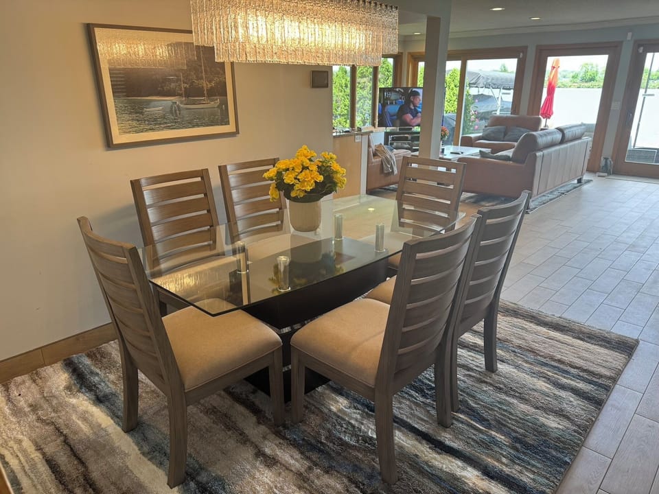 DINING ROOM - NEW TABLE CHAIRS, AREA RUG, CHANDELIER