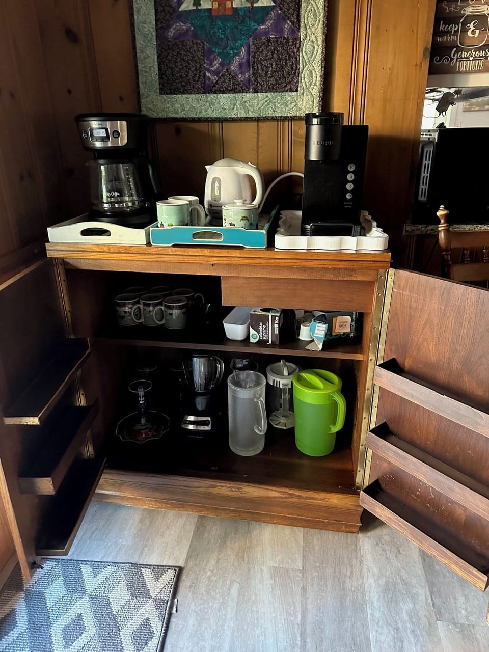 Coffee cups, keurig cups, tea bags, pitchers, blender, maguarita glasses.