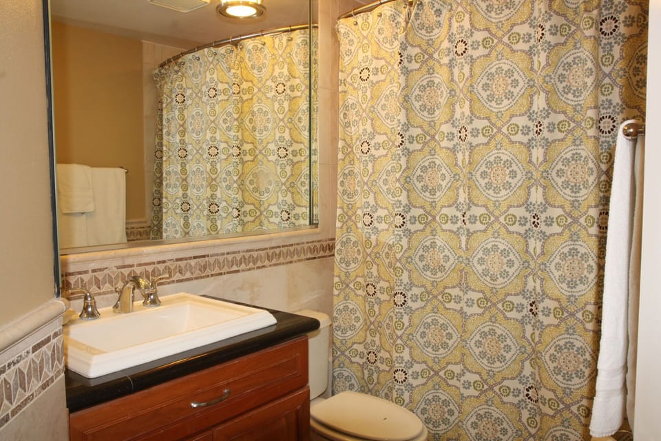 Bathroom #2.  Curved Shower rod for additional space.  Granite.