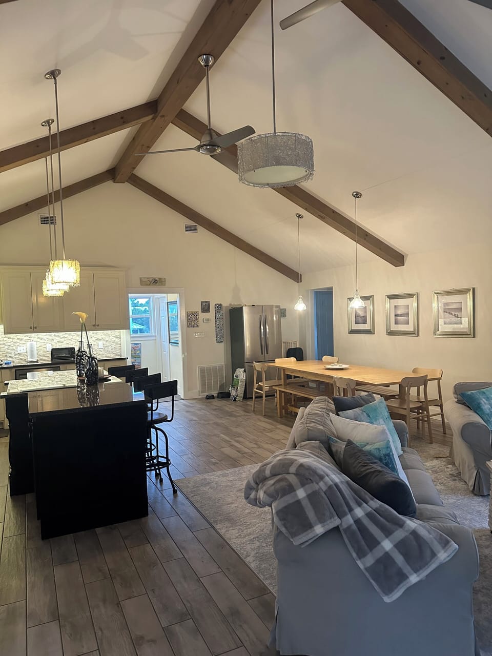 View from deck to living room and kitchen