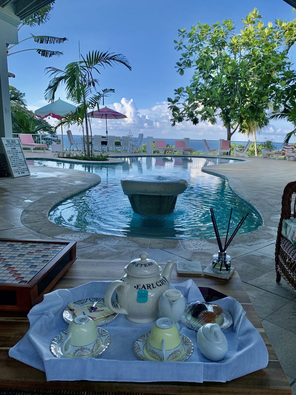 Afternoon tea in the pool gazebo with gorgeous sea views!