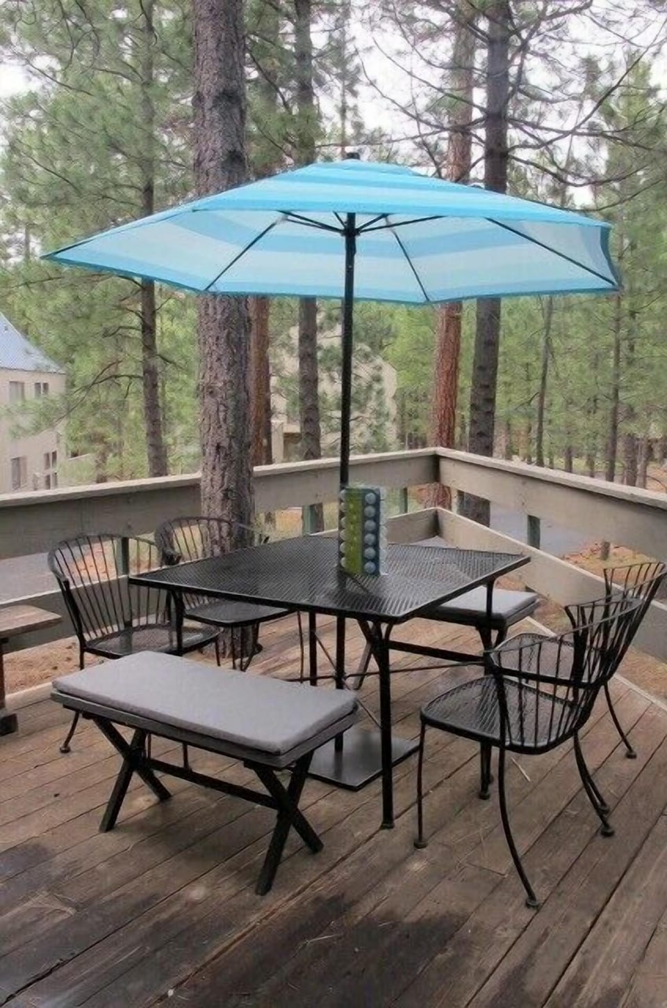 Lovely seating for 8 overlooking bike path and forest.