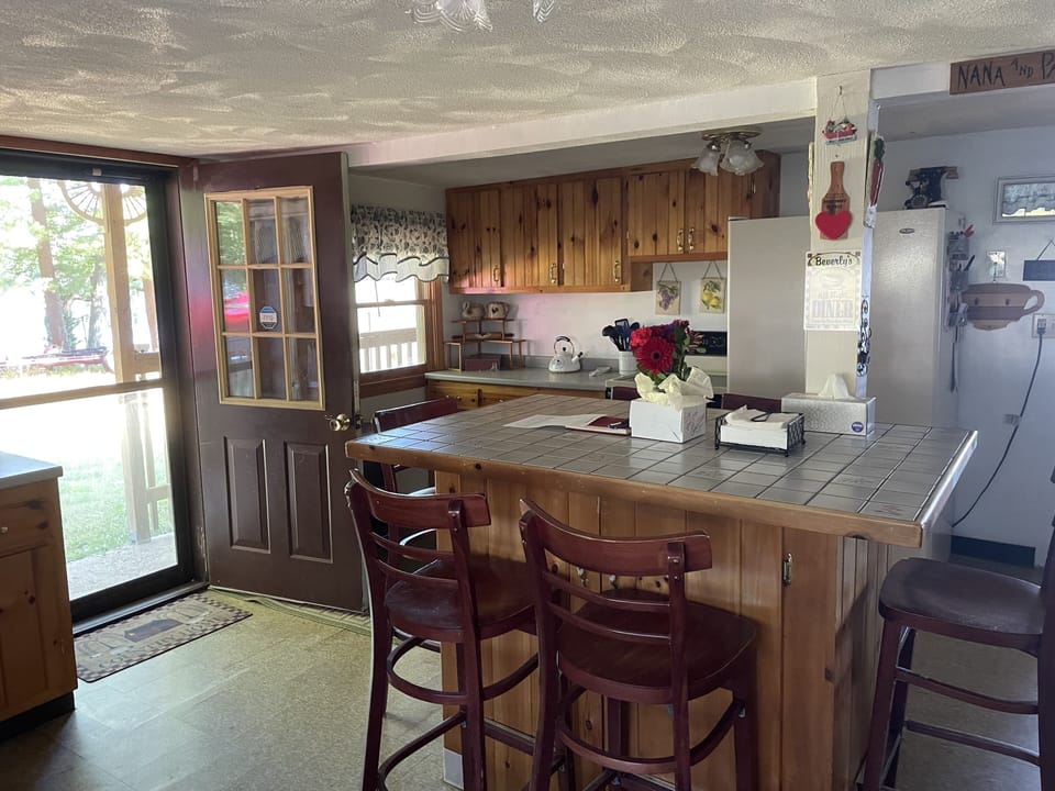 Kitchen island to dine at and French door Refrigerator and bottom freezer
